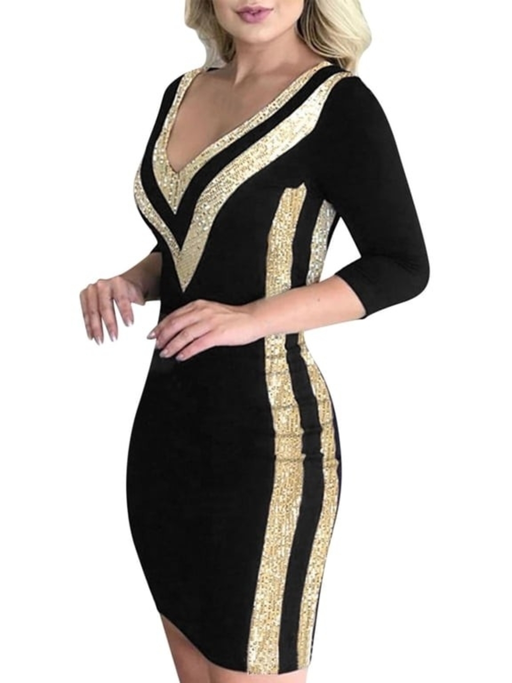 Black & Gold V-Neck Bodycon Mini Dress